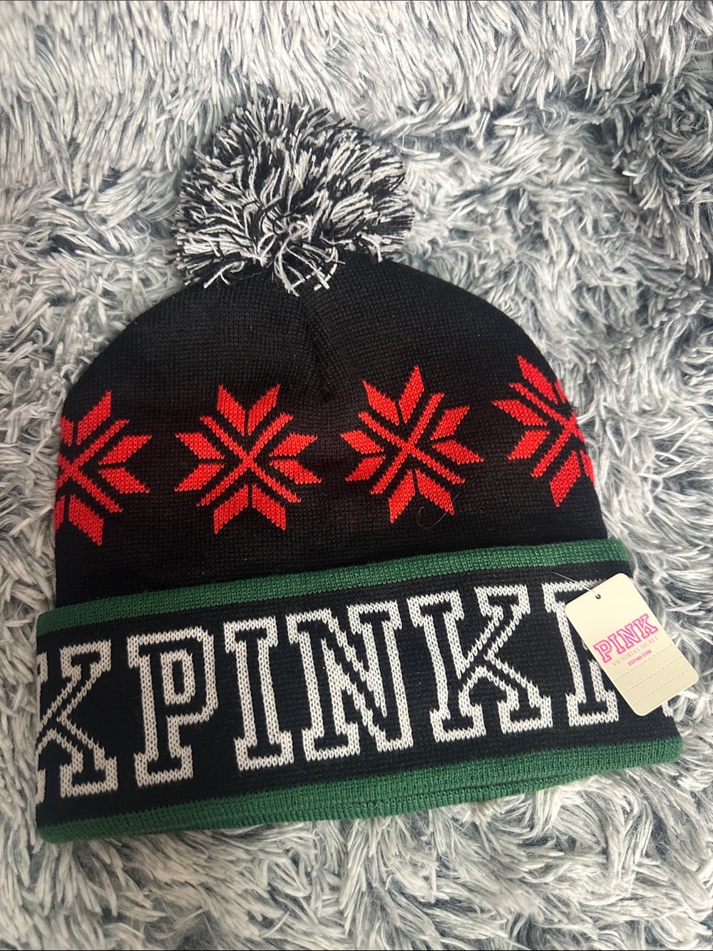 PINK Victoria's Secret Black Beanie with Red Snowflakes and Green Trim